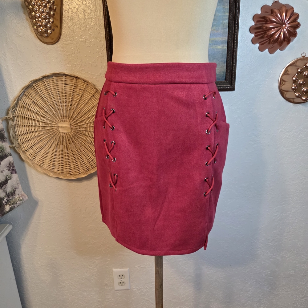 Red Faux Suede Lace-Up Boho Western Festival Women's Mini Skirt